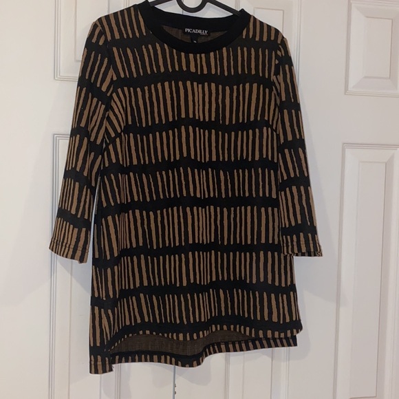 Piccadilly Tan black stripes  women’s tunic sweater top Sz Xs - Picture 3 of 13